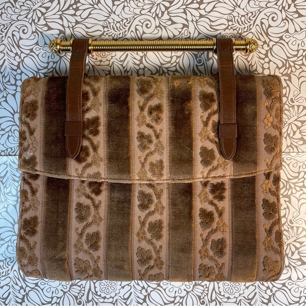 Bienen-Davis Vintage Architectural Dark Red Velvet & Black Leather Handbag